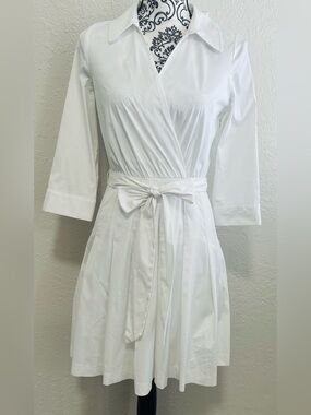 Milly pleated wrap White dress  collared neckline belted waist 
Size 4